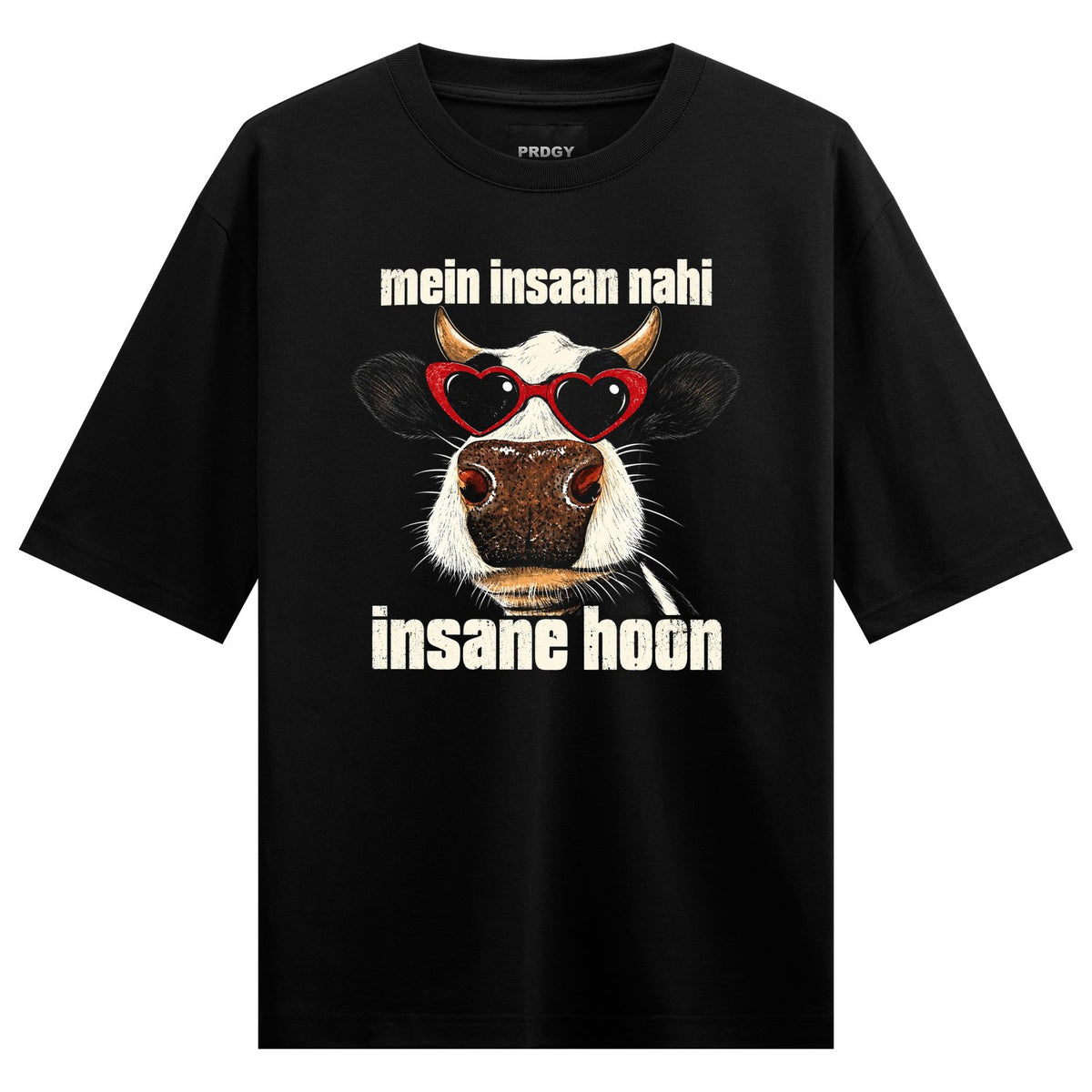 Born Thoda Off Oversized T-Shirt by PRDGY — cow face with heart-shaped glasses and Hindi text, humour design