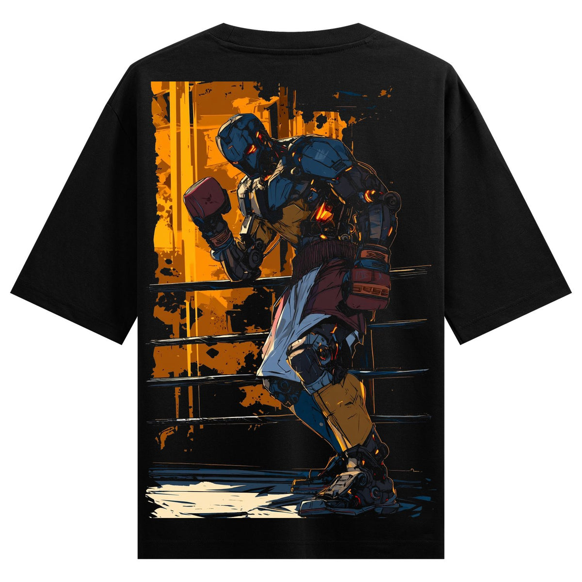 Cyber Boxer Oversized T-Shirt — a mechanical boxer with glowing eyes and red gloves stands in a boxing ring against