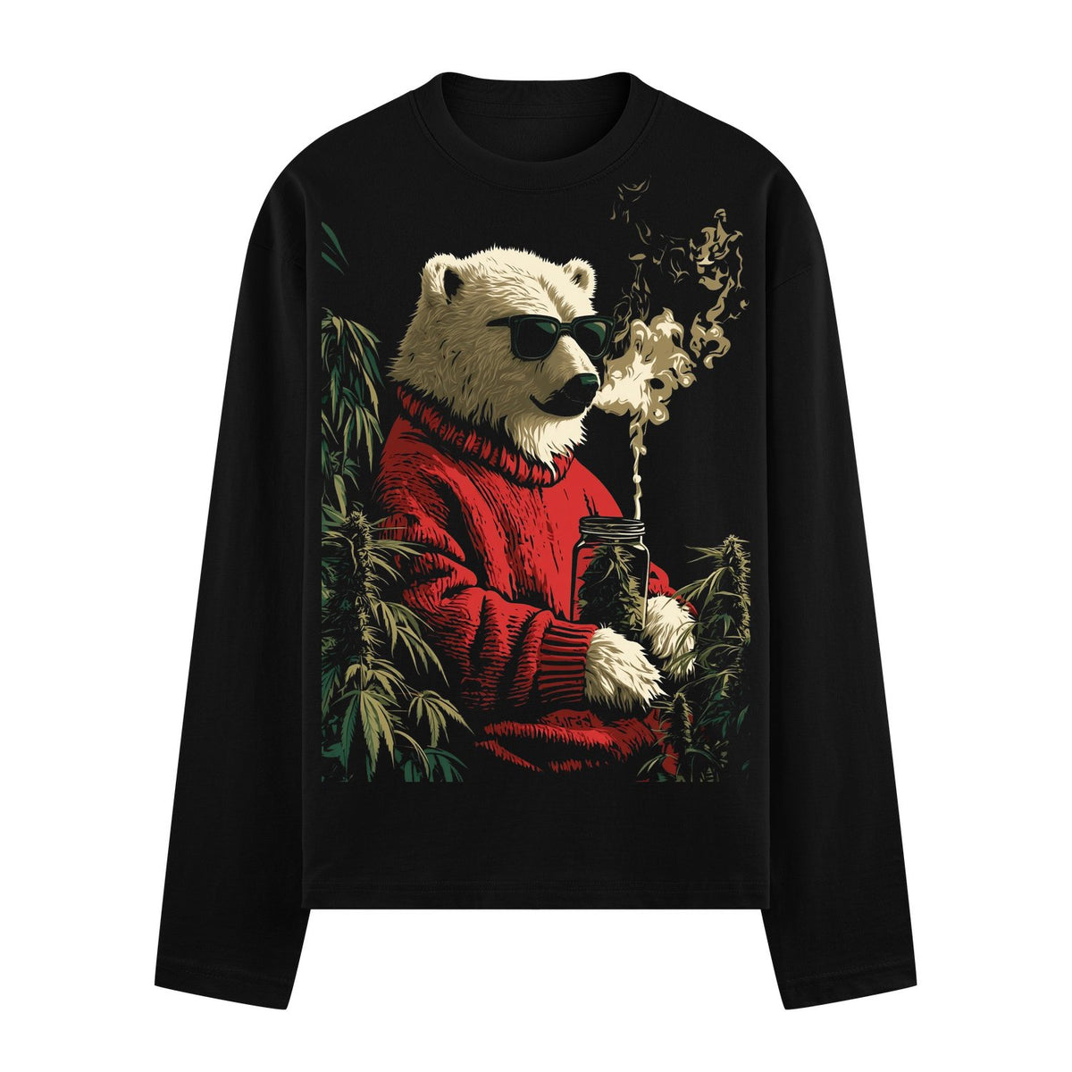 Chill Bear Oversized Full Sleeve T-Shirt — a white polar bear wearing sunglasses and a red sweater holds a smoking jar