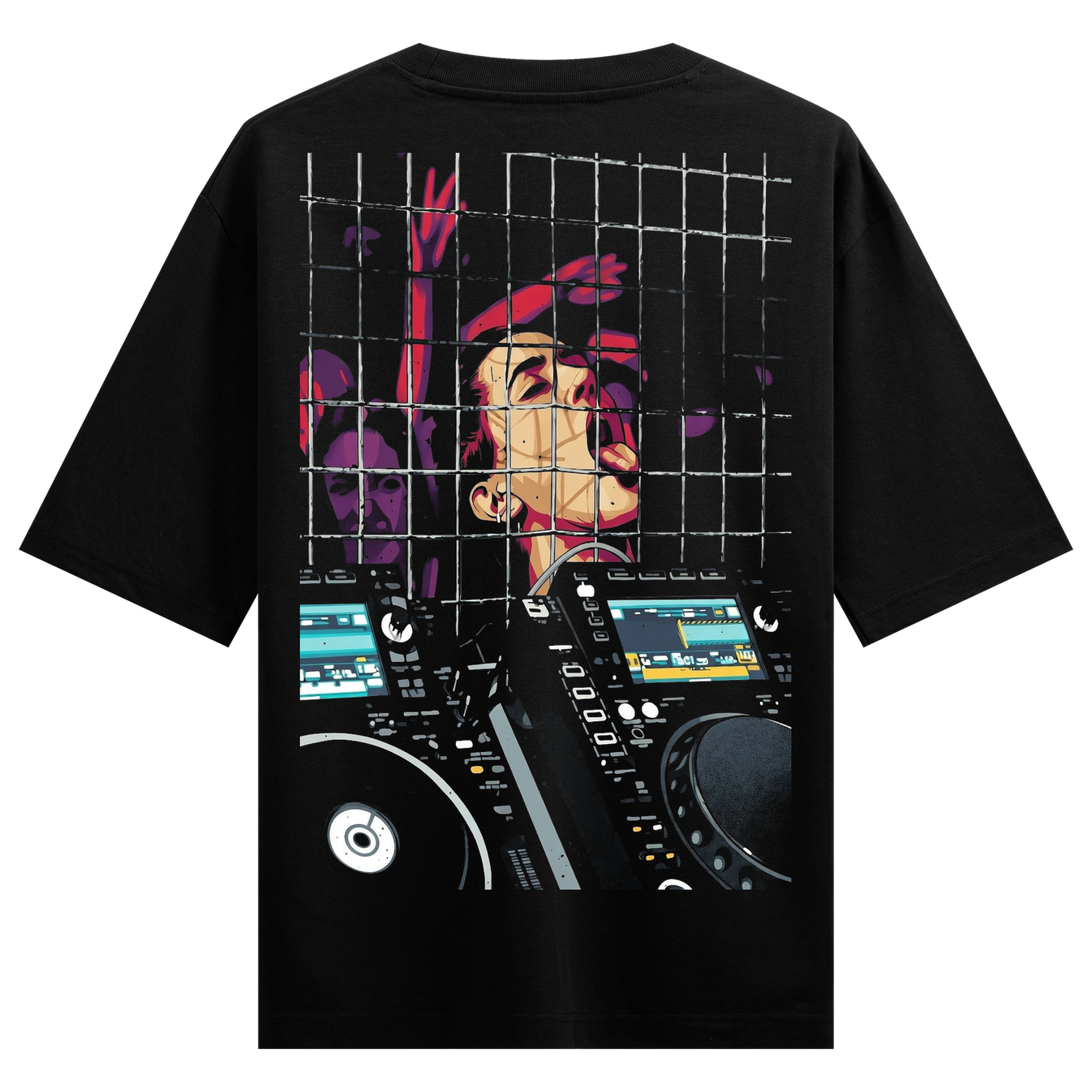 Caged Frequency Oversized T-Shirt by PRDGY — stylized character portrait with DJ turntables, streetwear design