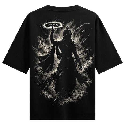 A dark silhouetted figure with flowing robes and a crown holds a glowing chakra above its head surrounded by lightning and...