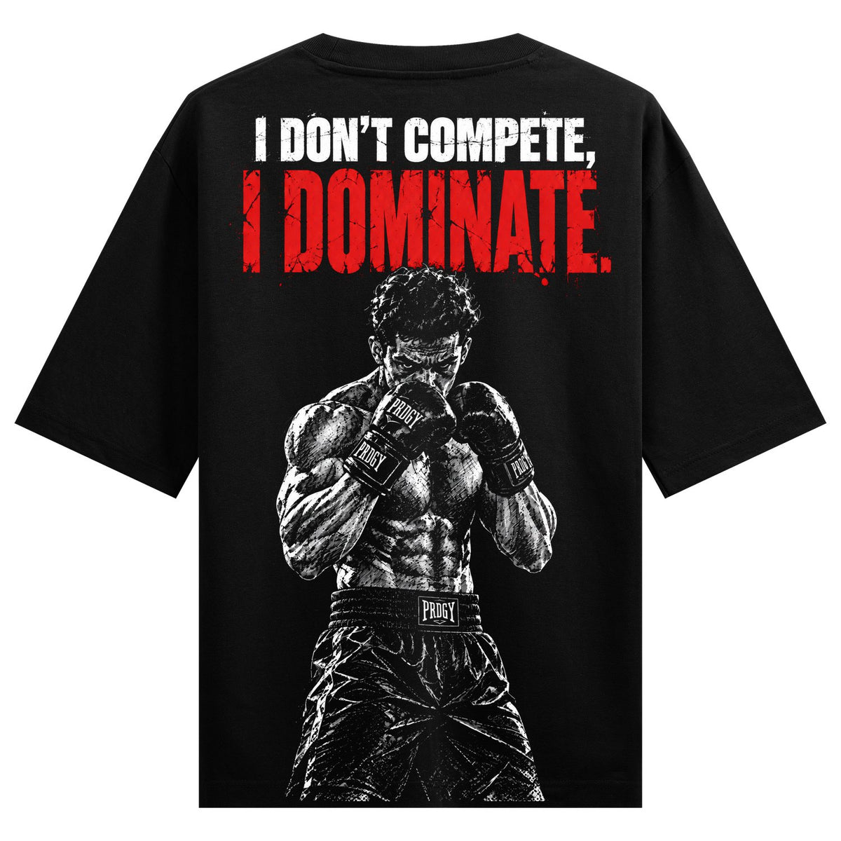 Sucker Punch Oversized T-Shirt — a muscular boxer in fighting stance wearing gloves and belt with bold red and white text