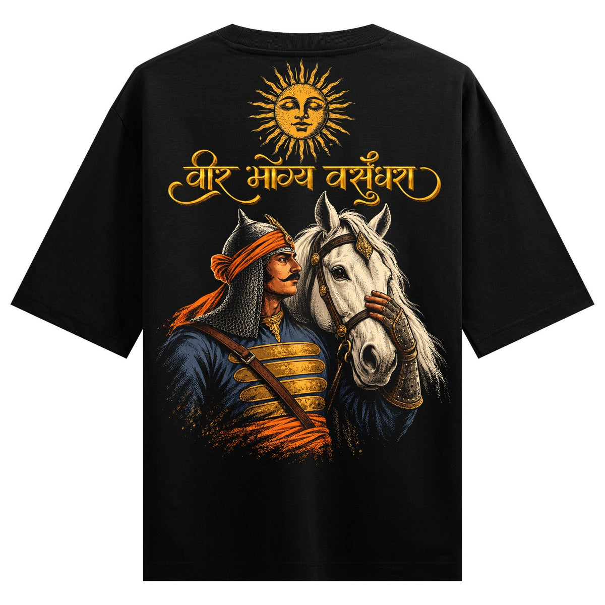 Sun King Warrior Oversized T-Shirt — a warrior in chainmail and orange turban touching a white horse under a sun-faced