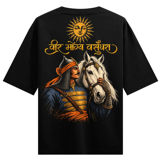 Sun King Warrior Oversized T-Shirt — a warrior in chainmail and orange turban touching a white horse under a sun-faced