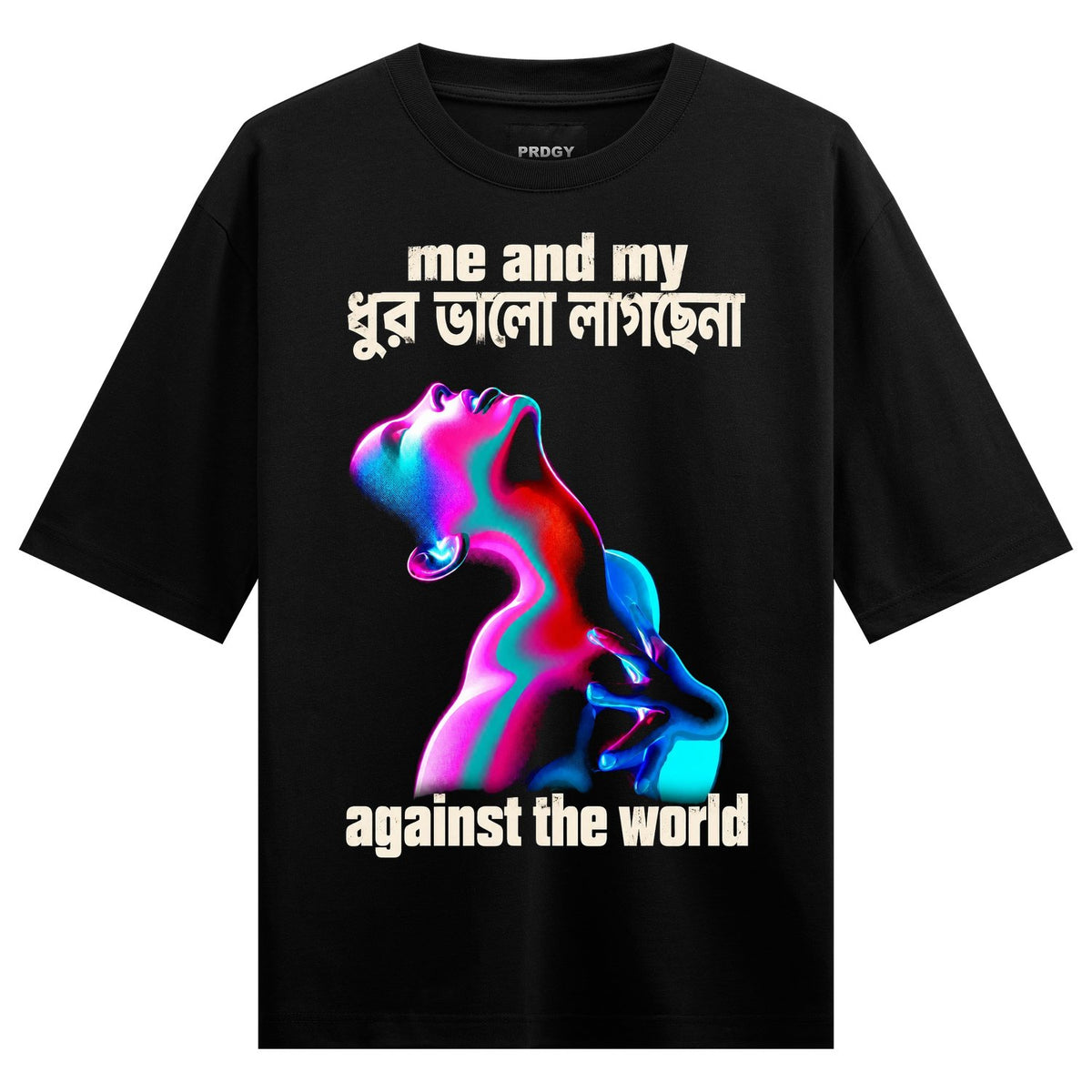 Dhurr Era Oversized T-Shirt by PRDGY — colorful abstract human figure in pink, blue, and purple tones, streetwear design