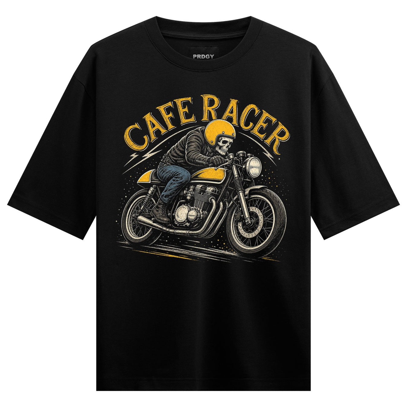 A skeleton wearing a yellow helmet rides a yellow and chrome vintage motorcycle with yellow lightning bolts on a black bac...