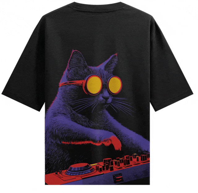 DJ Cat artwork on PRDGY oversized t-shirt