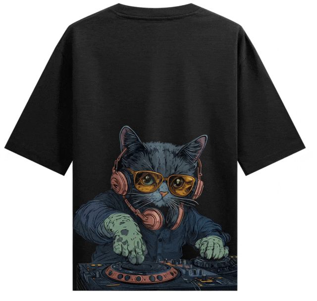 DJ Cat artwork on PRDGY oversized t-shirt
