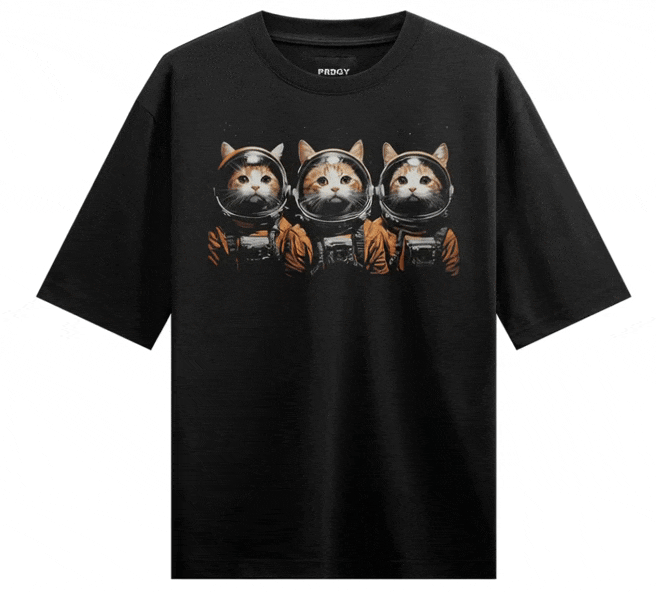 Astronaut Cats artwork on PRDGY oversized t-shirt