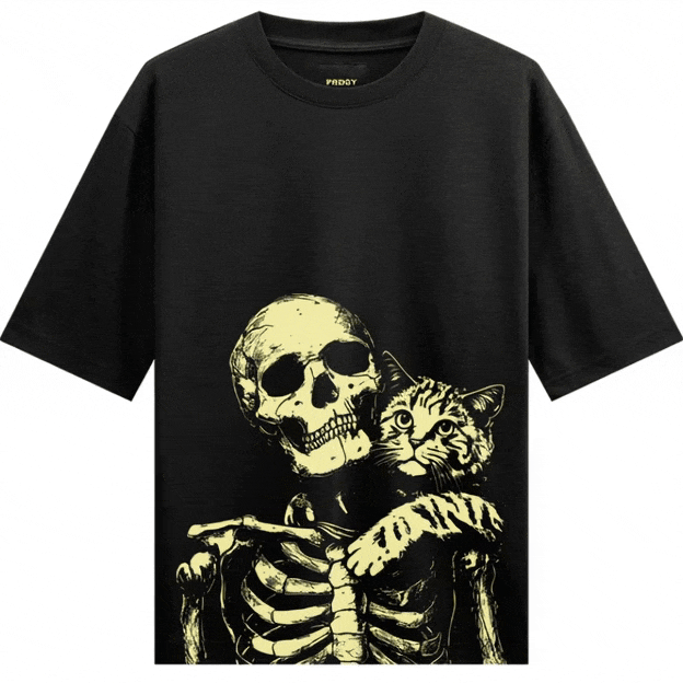 Skeleton Cat artwork on PRDGY oversized t-shirt