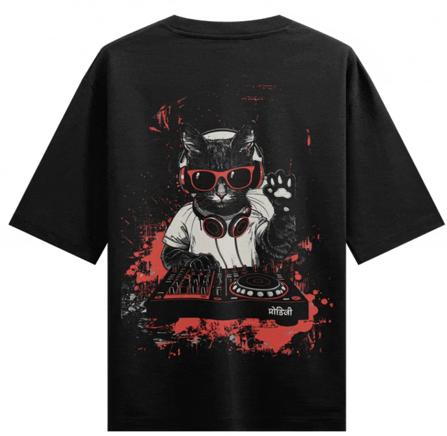 DJ Cat artwork on PRDGY oversized t-shirt