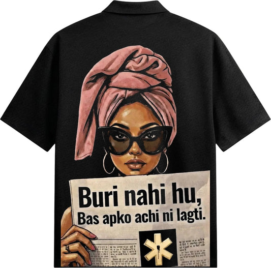 A graphic illustration of a woman wearing a pink turban and black cat-eye sunglasses holding a newspaper with bold Hindi t...