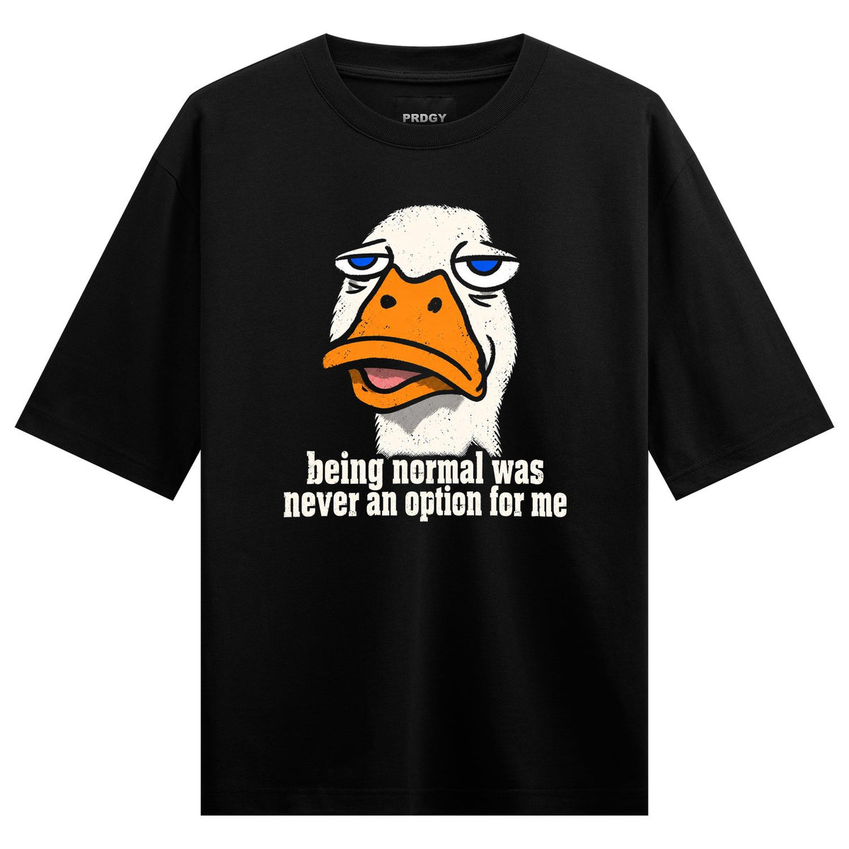 Default Damage Oversized T-Shirt by PRDGY — cartoon duck with blue eyes and orange beak, humour design