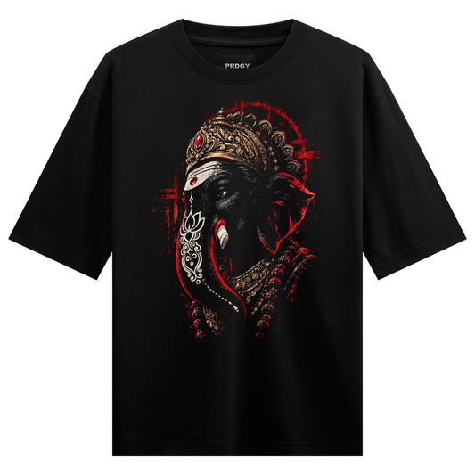 A dark detailed portrait of Ganesha wearing a golden crown with red accents and a red halo set against a black background...