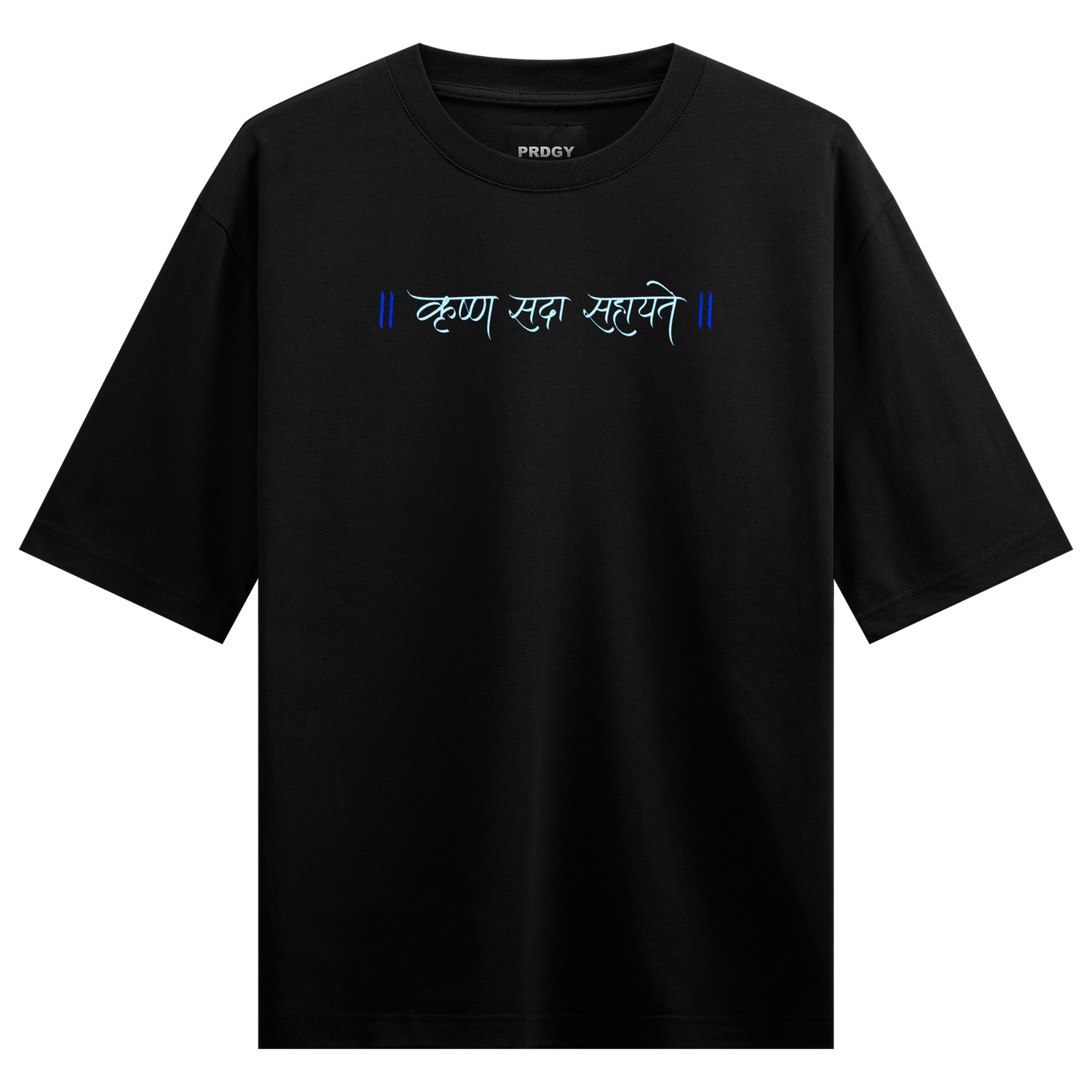 Black t-shirt with blue gradient Devanagari script text in the center framed by vertical lines on PRDGY oversized t-shirt