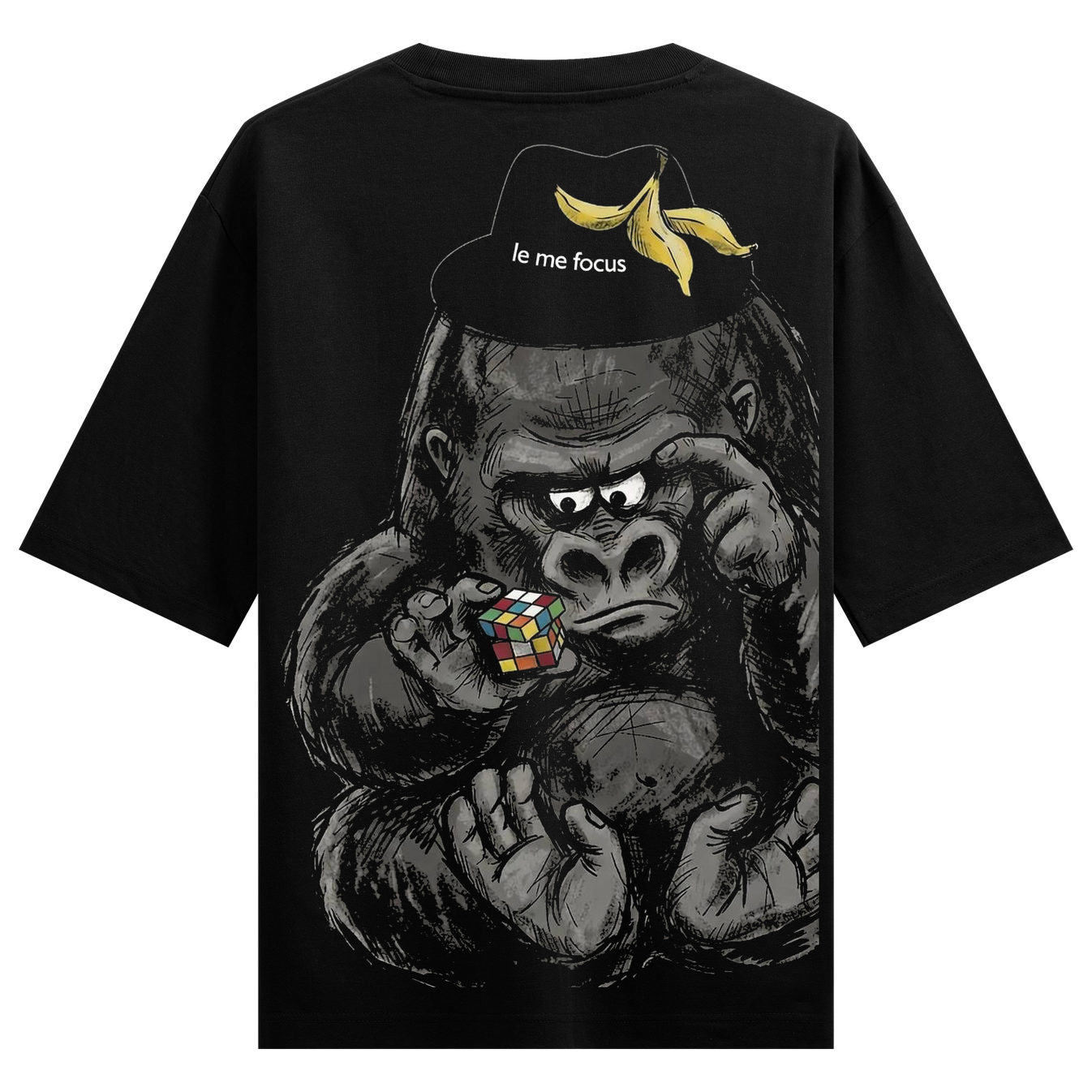 Thinking Gorilla Oversized T-Shirt by PRDGY — gorilla in a hat solving a Rubik's Cube, humor design