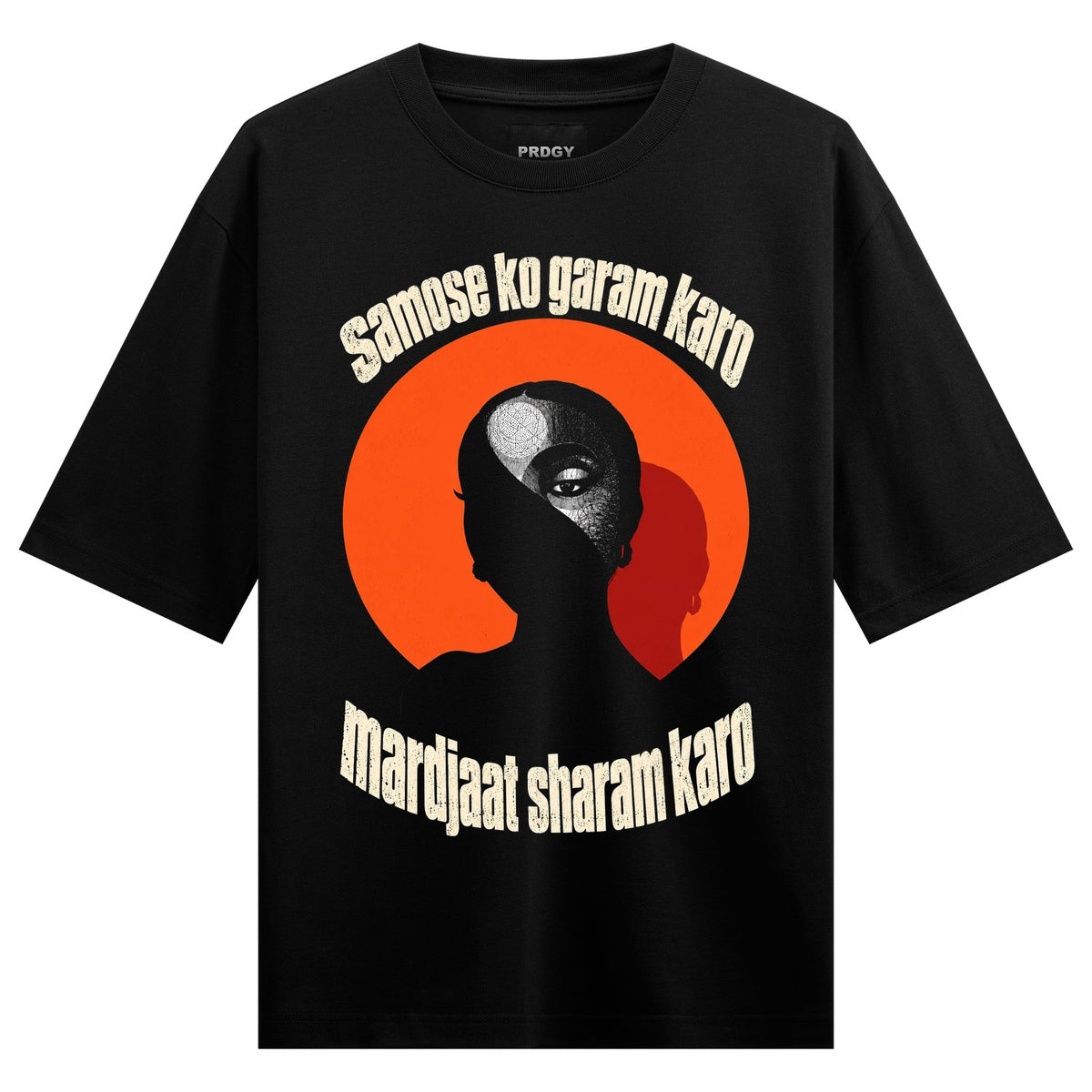 Samose Garam Oversized T-Shirt — Black t-shirt with white text arcing above and below a central orange circle containing