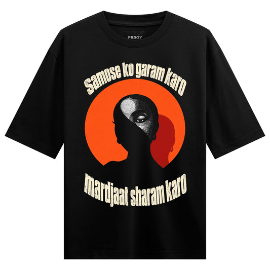 Samose Garam Oversized T-Shirt — Black t-shirt with white text arcing above and below a central orange circle containing