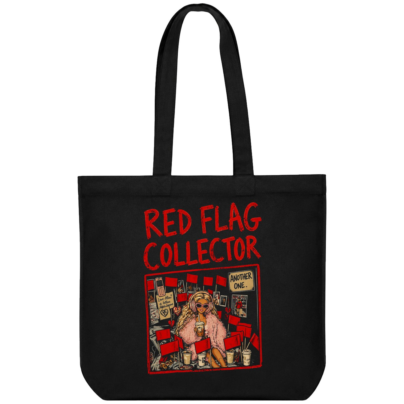 A black t-shirt features red text RED FLAG COLLECTOR above an illustration of a blonde figure in pink fur holding a coffee...