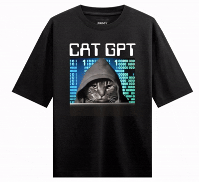 Funny AI Cat artwork on PRDGY oversized t-shirt