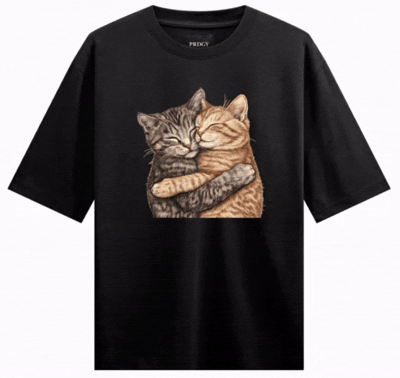 Cat Hug artwork on PRDGY oversized t-shirt