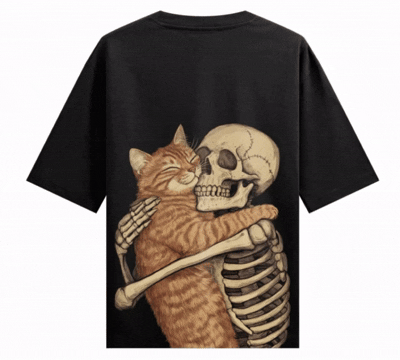 Cat And Skeleton Hug artwork on PRDGY oversized t-shirt
