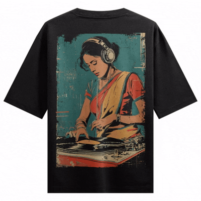 DJ Woman artwork on PRDGY oversized t-shirt