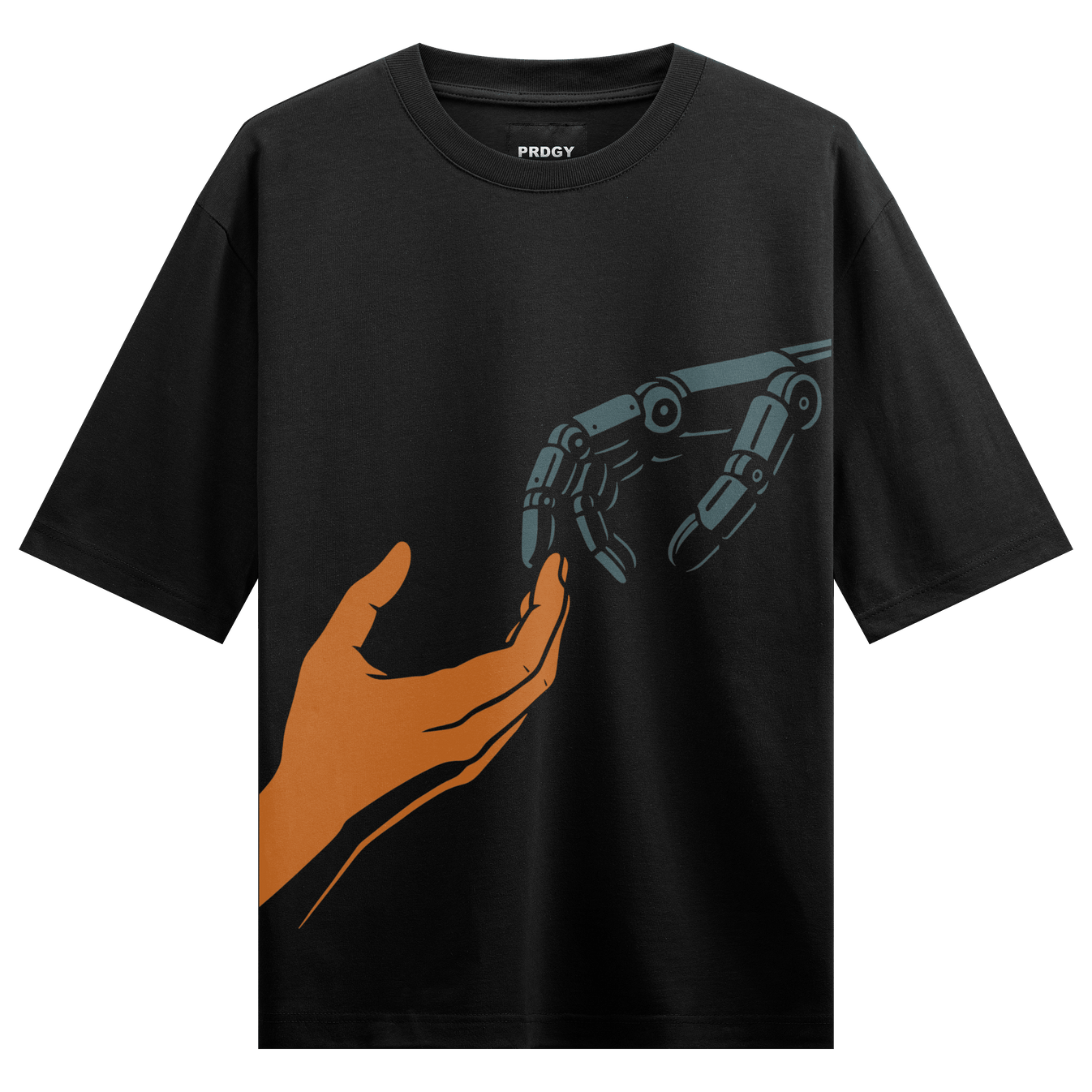 Robot Hand Human Hand artwork on PRDGY oversized t-shirt