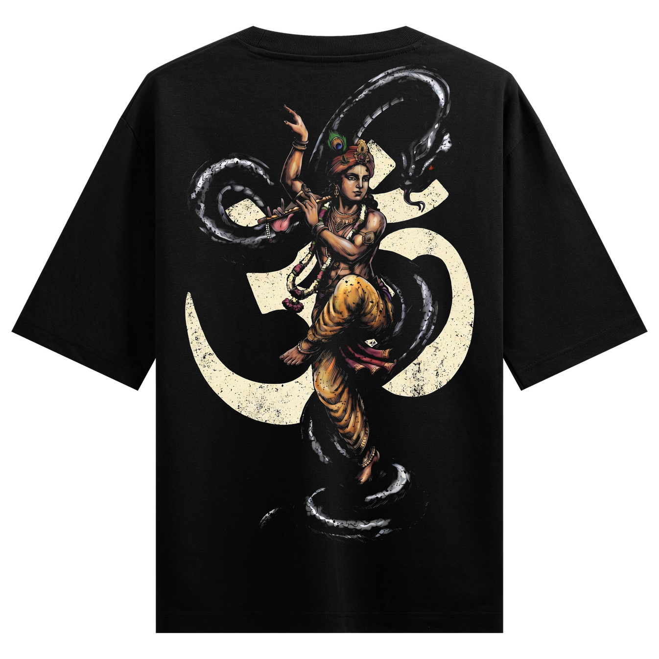 Kaal Leela Oversized T-Shirt by PRDGY — Black shirt with Krishna dancing on Kaliya, spiritual design.