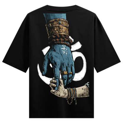 Hold the Divine Oversized T-Shirt by PRDGY — a blue hand holding a smaller hand with the Om symbol, Mahadev design.