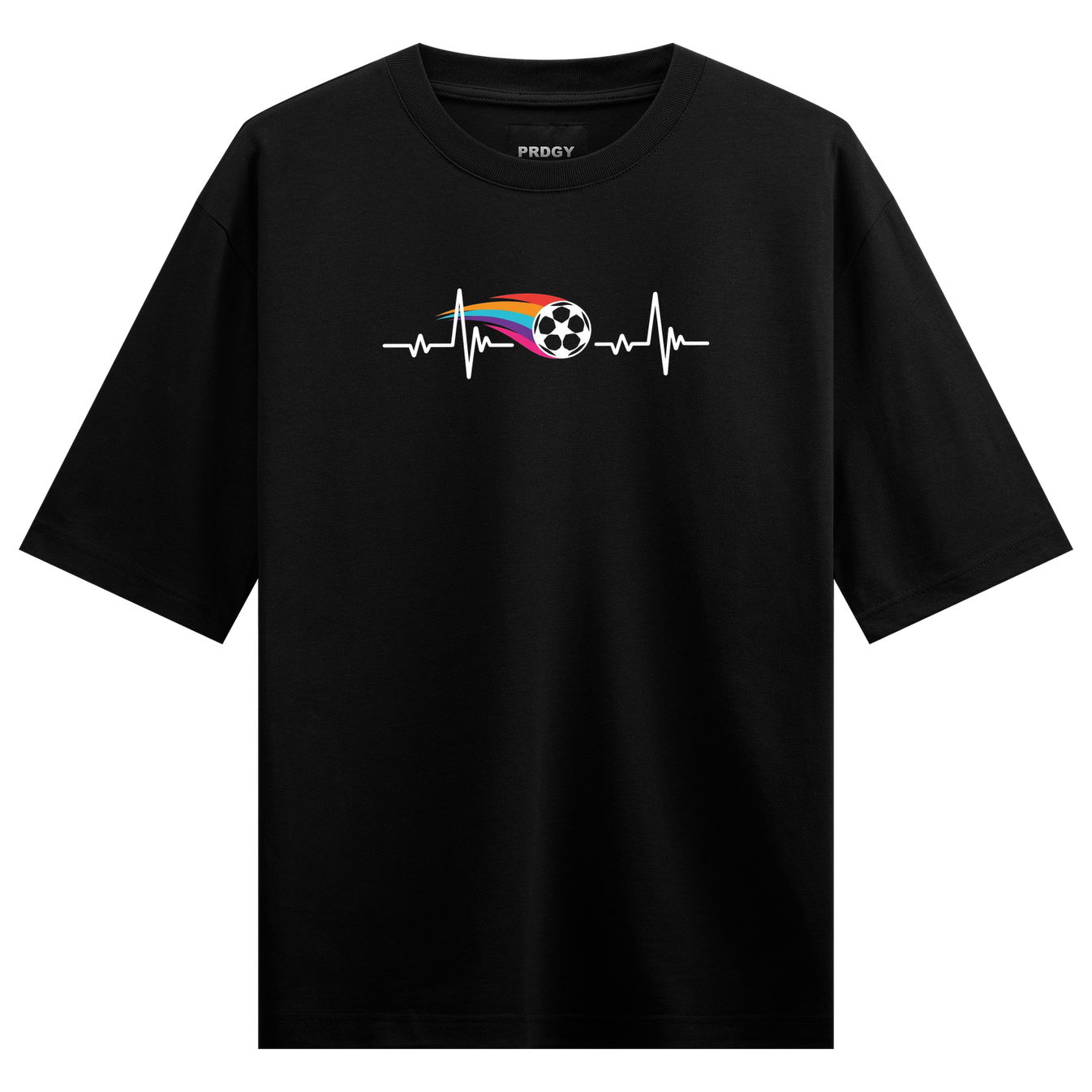 Football Pulse T-Shirt by PRDGY — Black T-Shirt with heartbeat flatline and football graphic, sports design