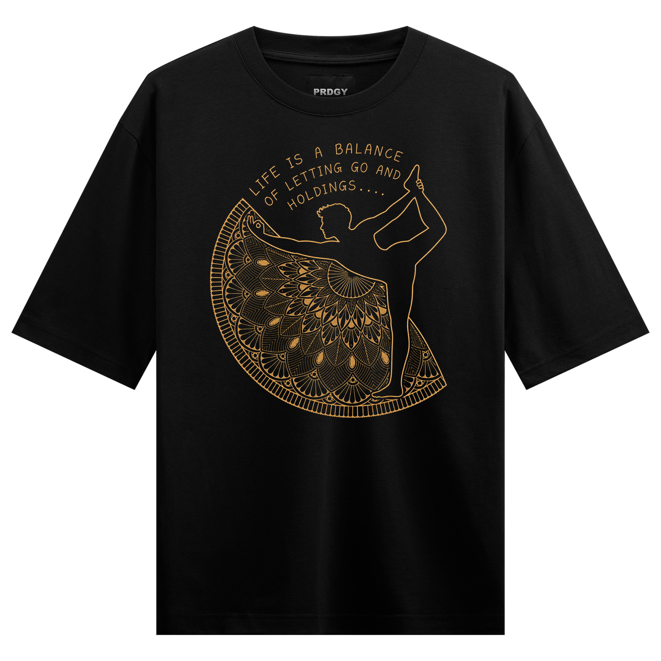The Balance T-Shirt by PRDGY — black T-shirt with a gold mandala design, spiritual design