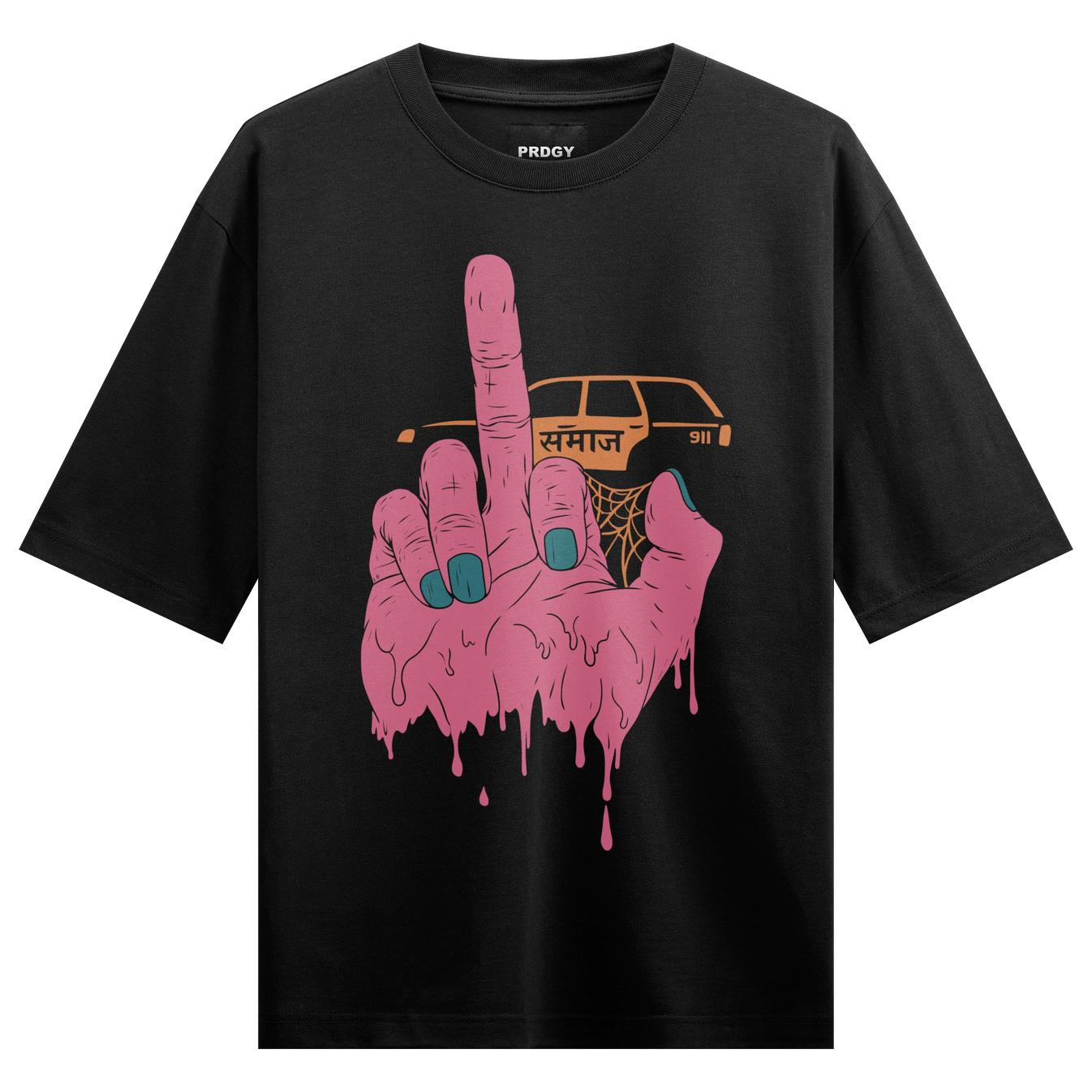 Middle Finger artwork on PRDGY oversized t-shirt