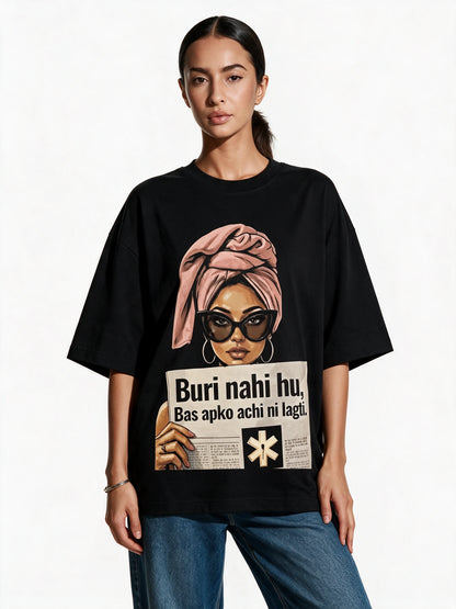 Attitude Statement Oversized T-shirt — front-print T-shirt on model