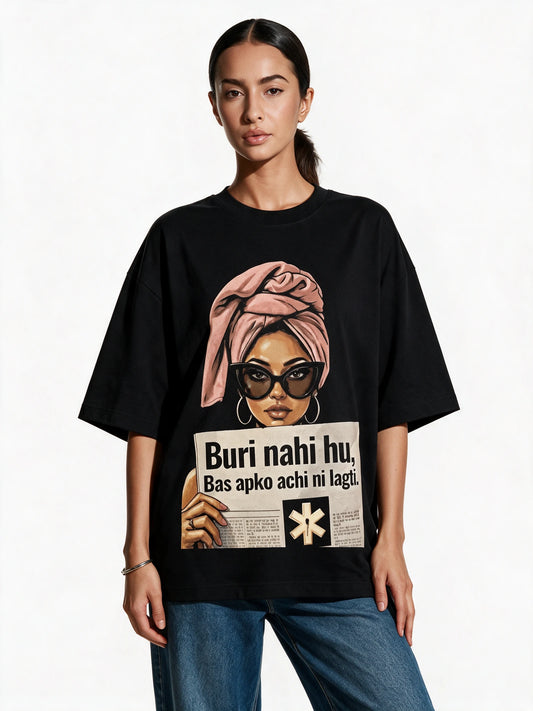 Attitude Statement Oversized T-shirt — front-print T-shirt on model