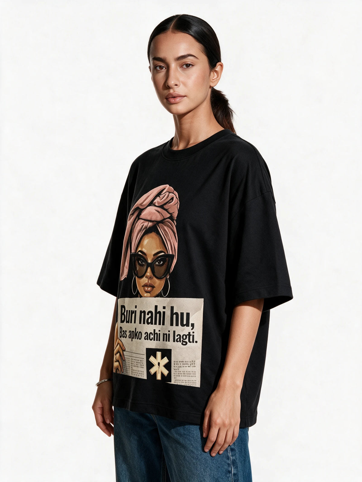 Attitude Statement Oversized T-shirt — front-print T-shirt at three-quarter angle