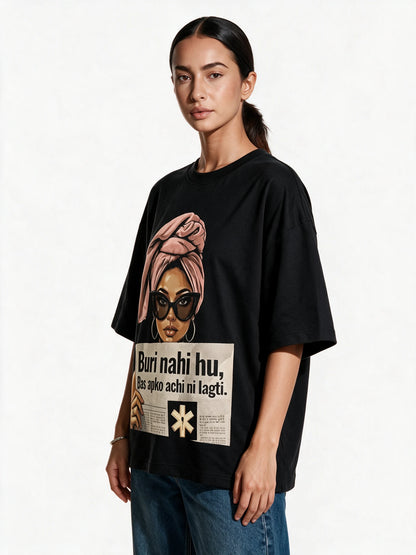 Attitude Statement Oversized T-shirt — front-print T-shirt at three-quarter angle