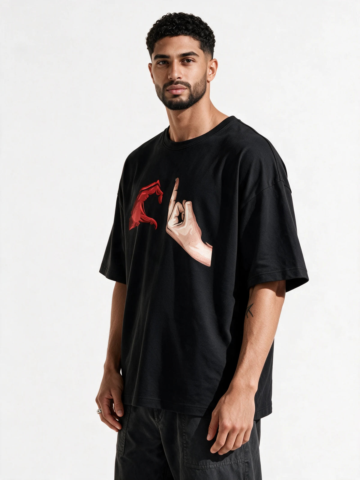 Beraham Prajati Oversized T-shirt — front-print T-shirt at three-quarter angle