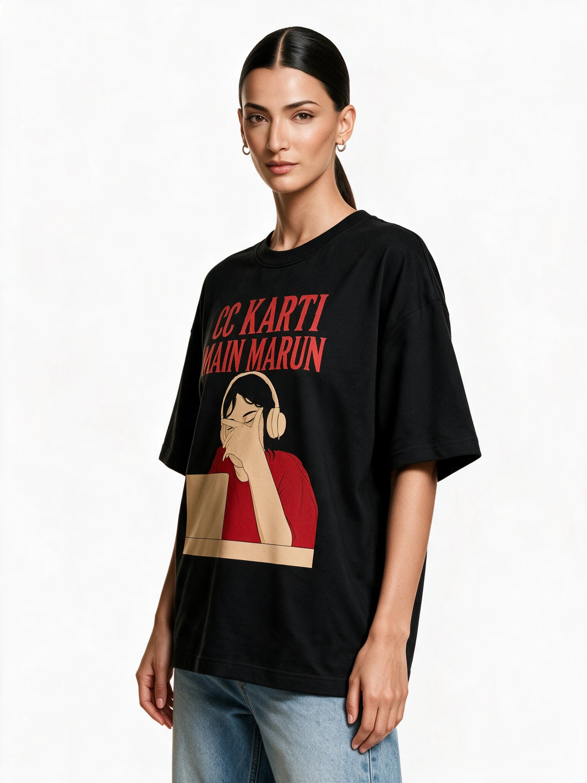 Blue Tick Blues Oversized T-Shirt — front-print T-shirt at three-quarter angle