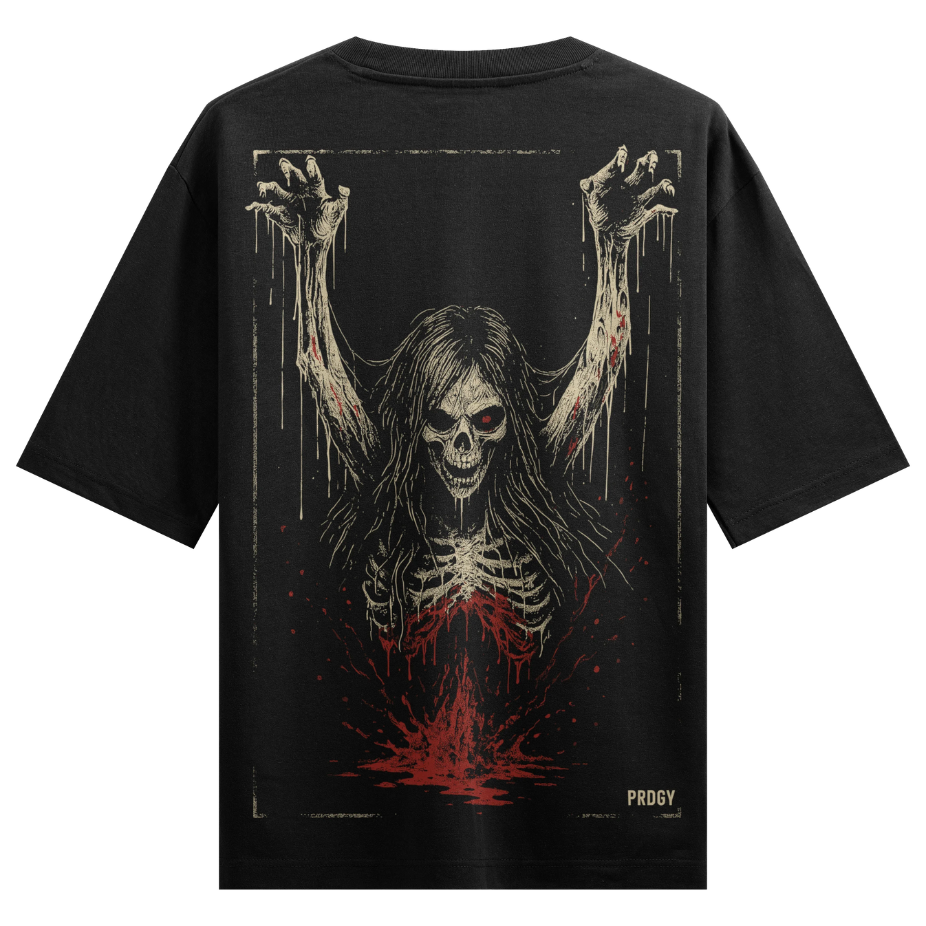 Skeleton Woman artwork on PRDGY oversized t-shirt