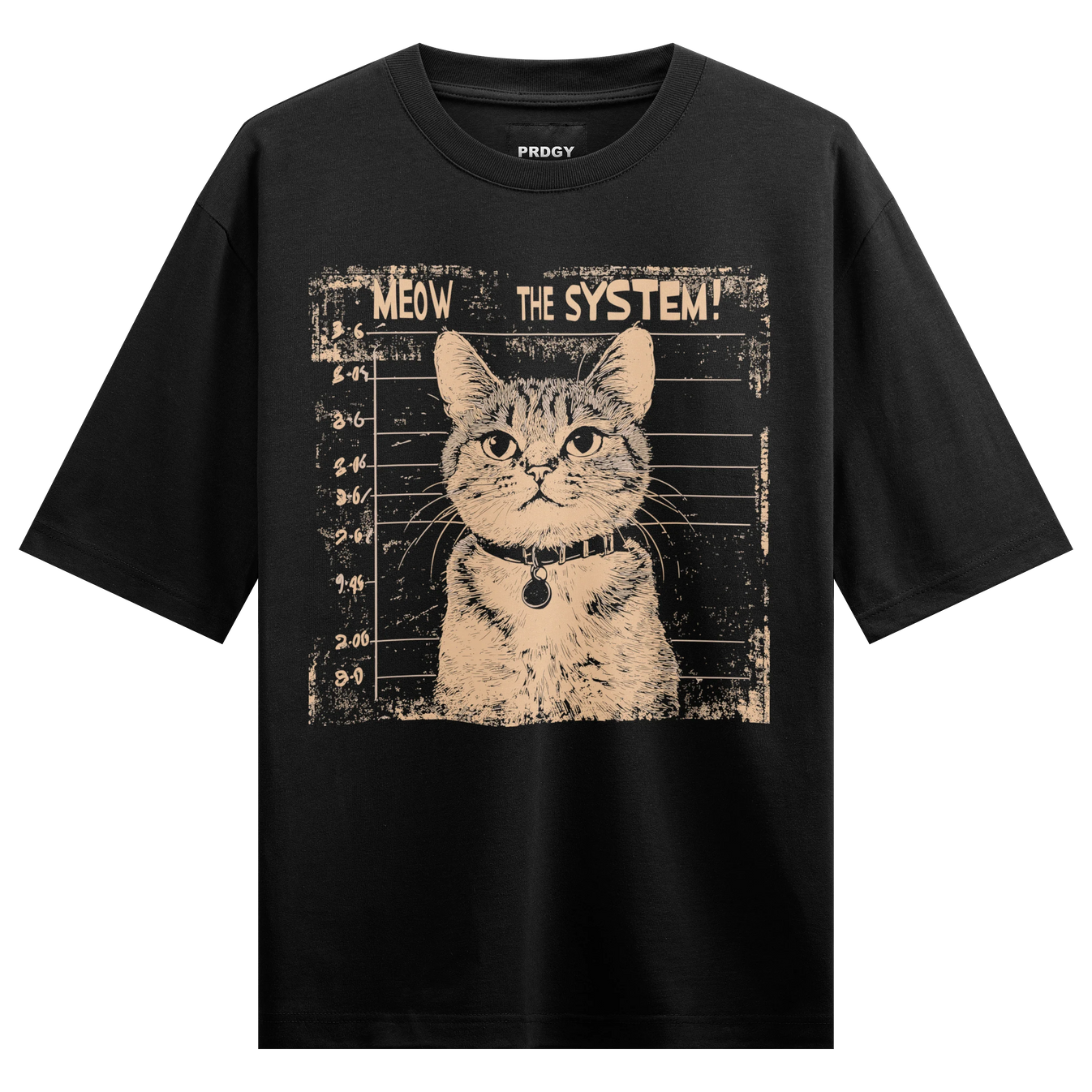 MEOW THE SYSTEM! artwork on PRDGY oversized t-shirt