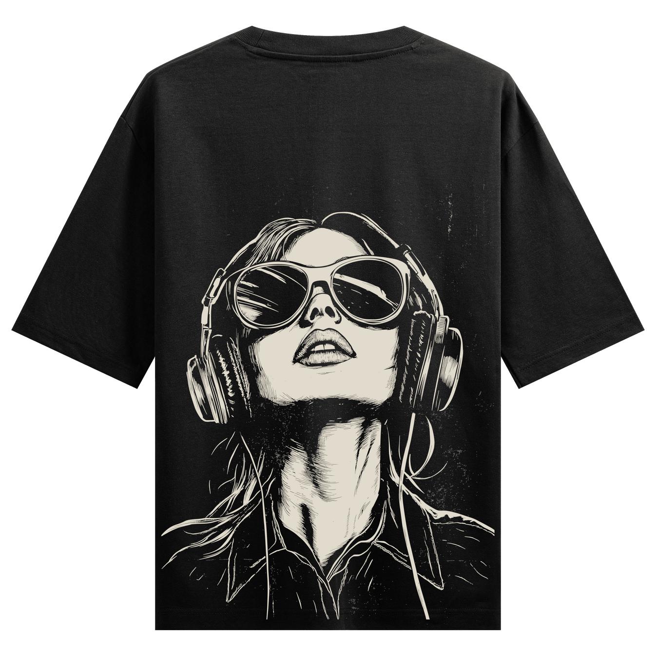 Breathe Music Oversized T-Shirt by PRDGY — artwork of a girl listening to music with headphones, music design