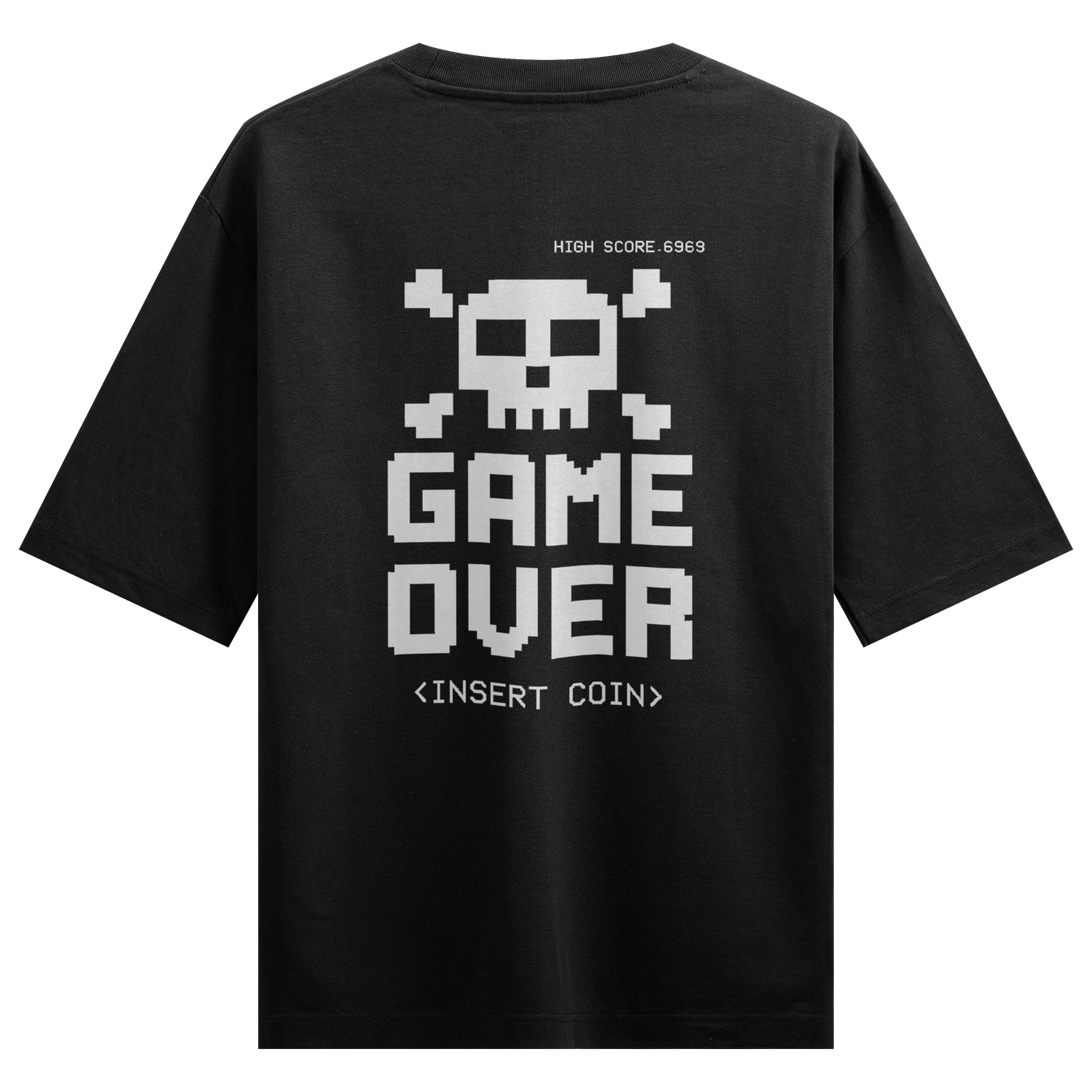HIGH SCORE 6969 GAME OVER INSERT COIN artwork on PRDGY oversized t-shirt