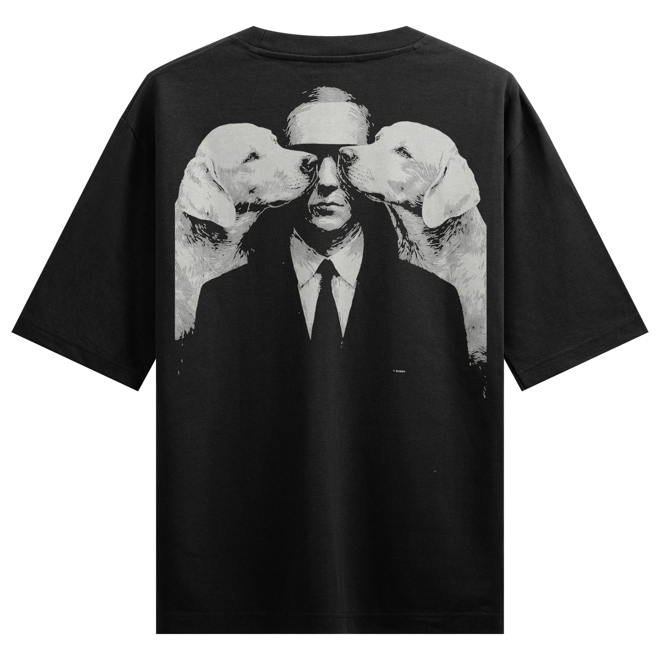Man With Dogs artwork on PRDGY oversized t-shirt
