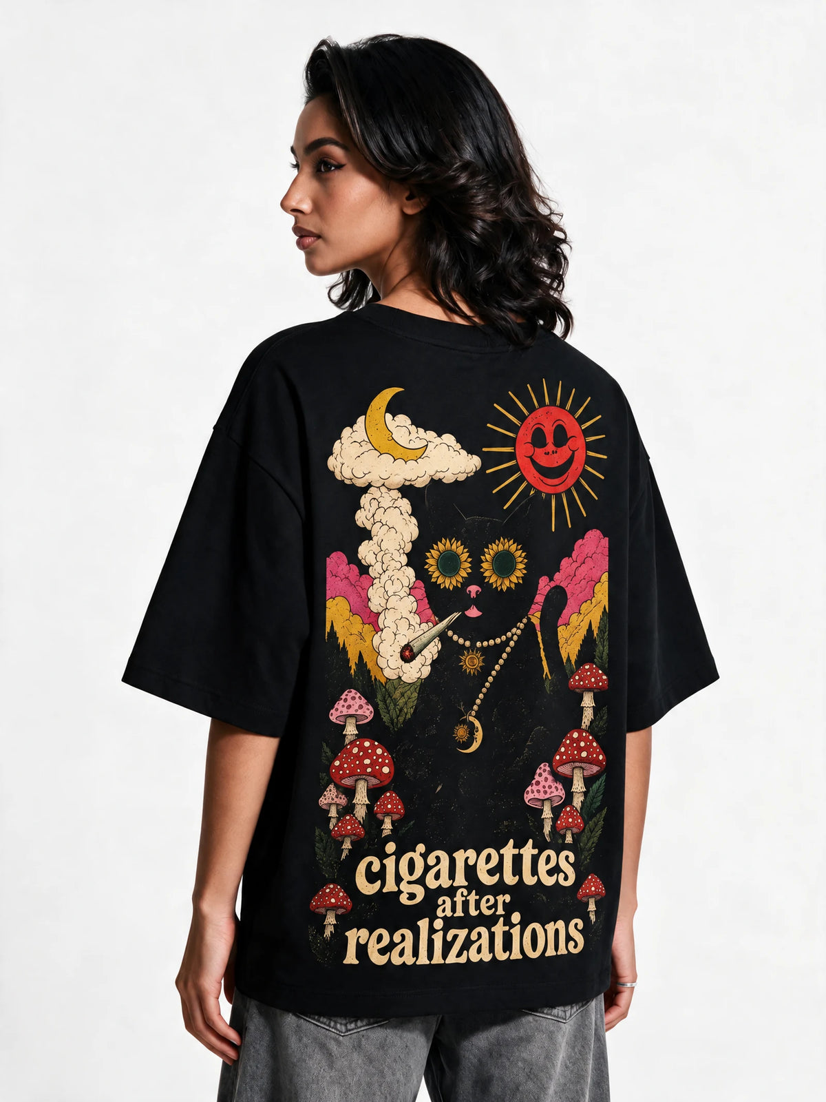 PRDGY Cosmic Cat Oversized T-Shirt — back-print T-shirt on model