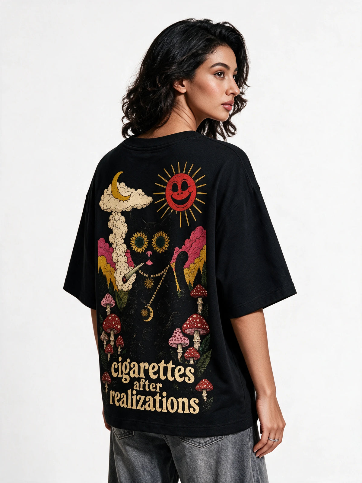 PRDGY Cosmic Cat Oversized T-Shirt — back-print T-shirt at three-quarter angle
