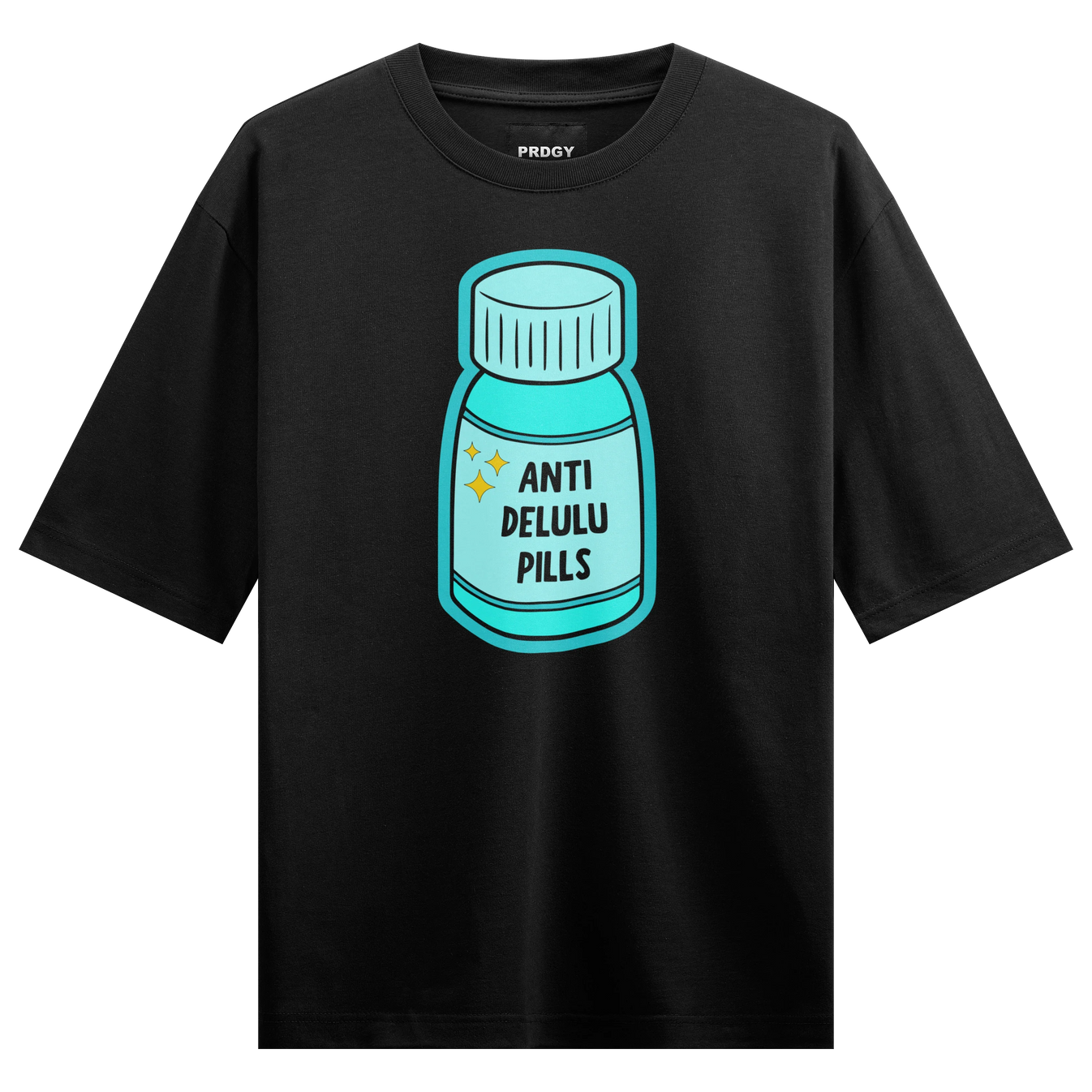 ANTI DELULU PILLS artwork on PRDGY oversized t-shirt
