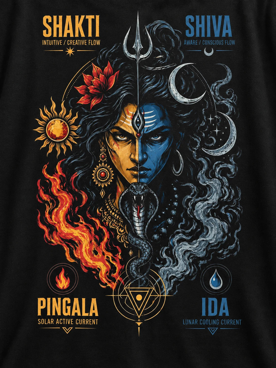 PRDGY Shakti Shiva Duality Oversized T-shirt — printed artwork close-up