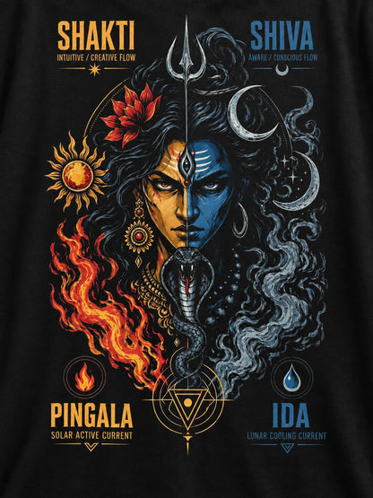 PRDGY Shakti Shiva Duality Oversized T-shirt — printed artwork close-up