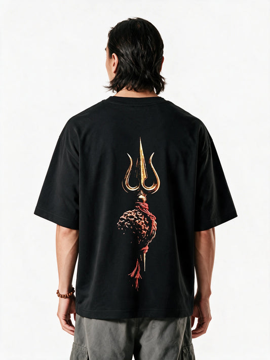 PRDGY Divine Trident Oversized T-shirt — back-print T-shirt on model
